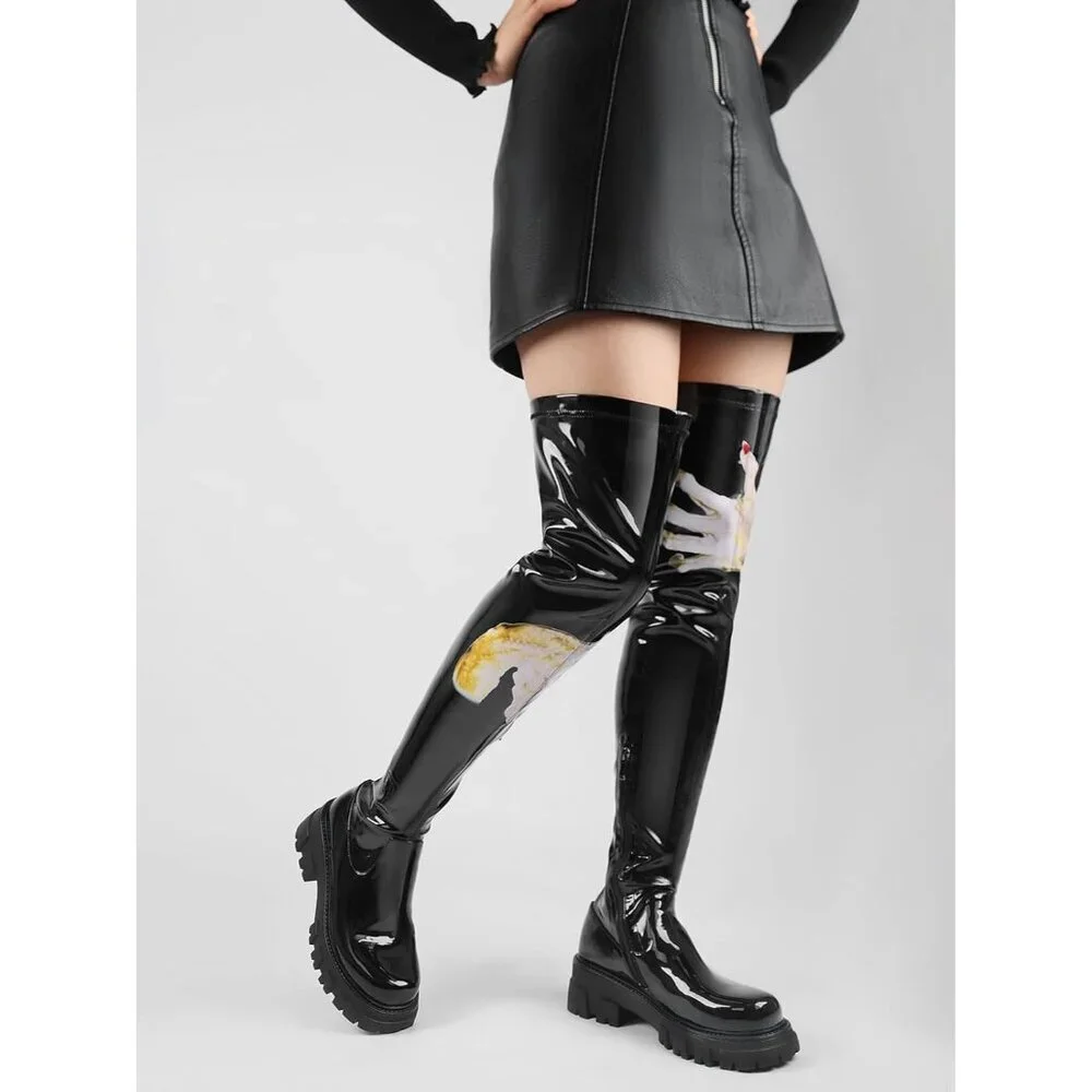 Women's Black Leather High Thigh Over-the-Knee Stretch lug Sole Heel Boot